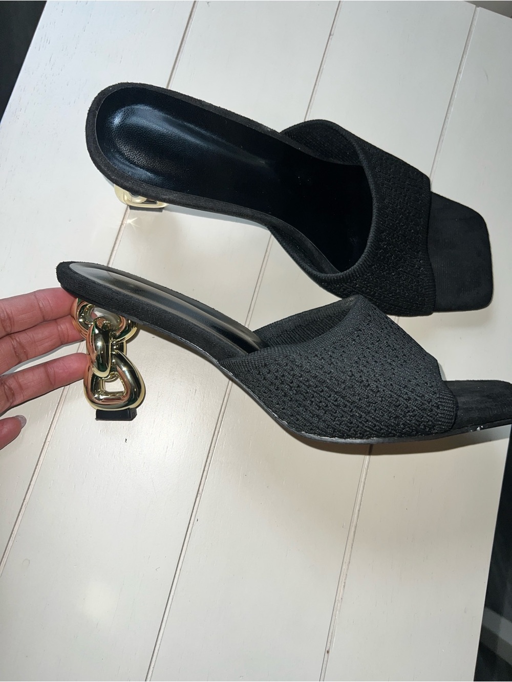 10.5-11 Women's Black Knit Open-Toe Slide Mules